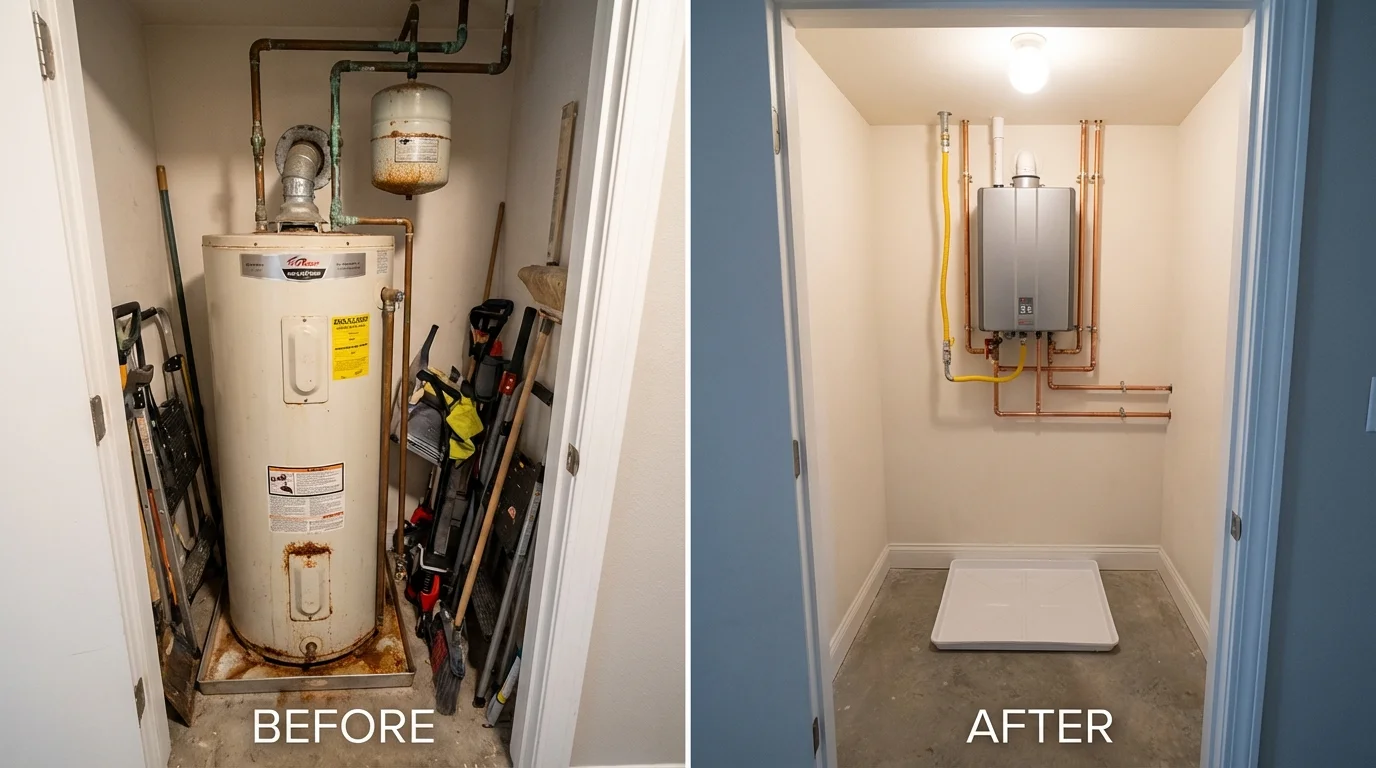 Tank water heater versus wall-mounted tankless unit comparison for Harrisonburg, VA homeowners