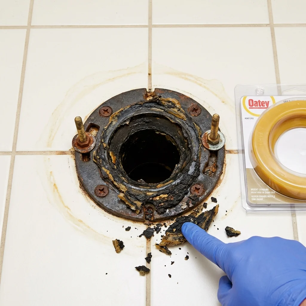 Failed wax ring showing water seepage at the base of a toilet in a Harrisonburg, VA home
