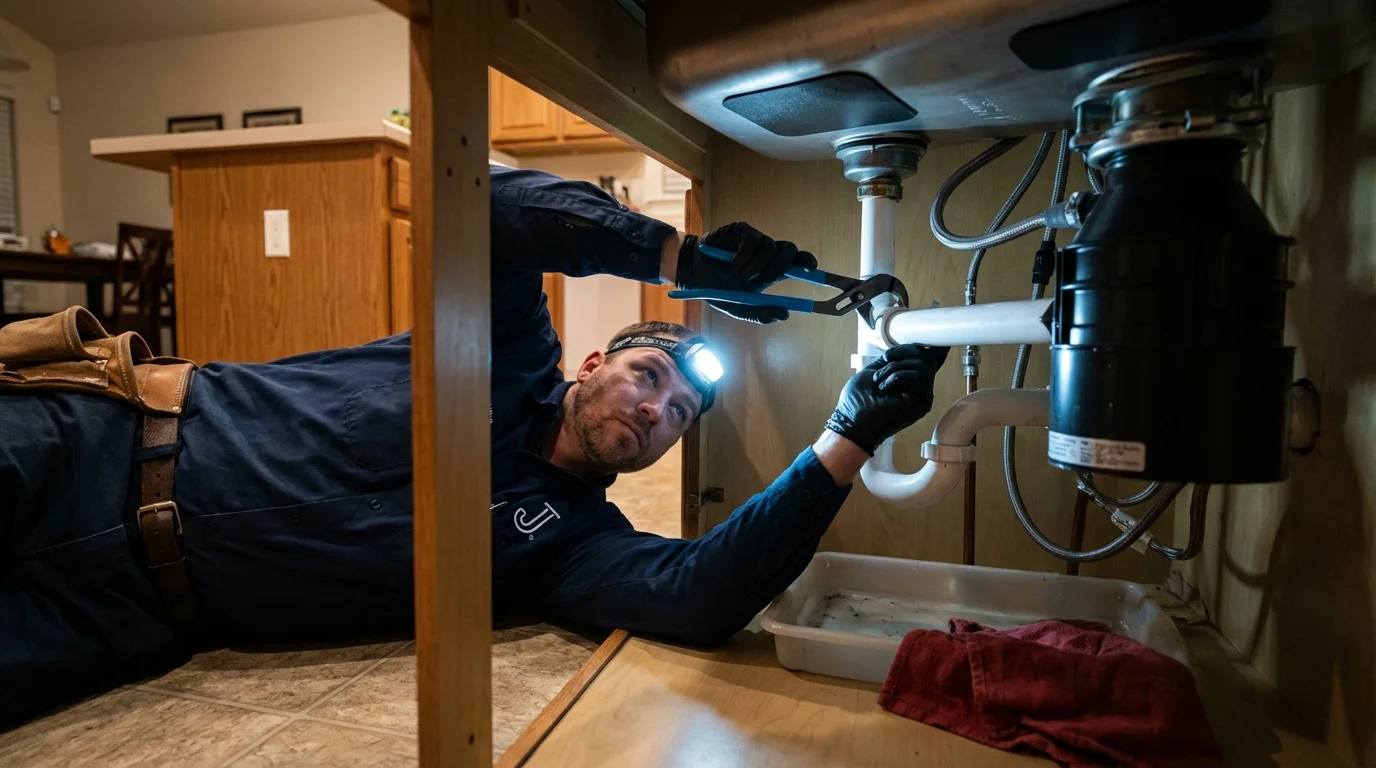 P-trap and supply line connections under a kitchen sink showing a common leak point in Harrisonburg, VA